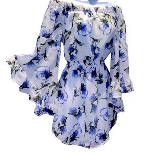 Blush White W/Bold Blue Floral Pattern Off The Shoulder Dress